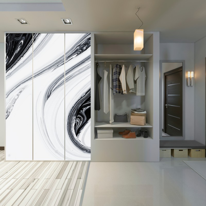 Naklejka na szafę monochromatyczne marmurowe wiry – Wallissimo® Naklejka na szafę monochromatyczne marmurowe wiry – Wallissimo®