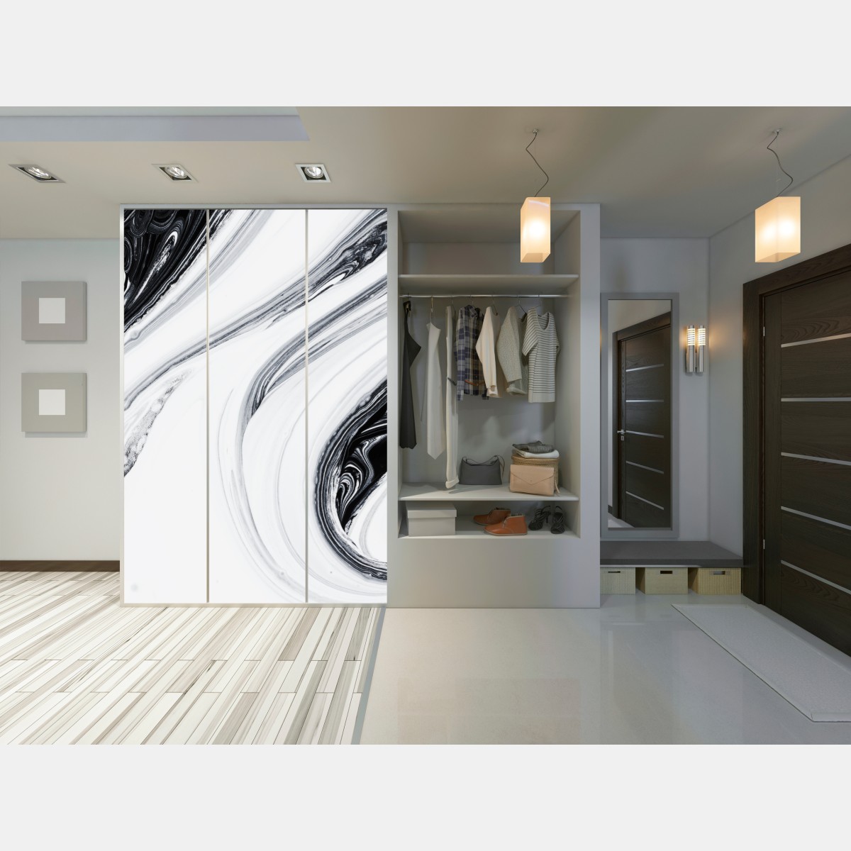 Naklejka na szafę monochromatyczne marmurowe wiry – Wallissimo® Naklejka na szafę monochromatyczne marmurowe wiry – Wallissimo®