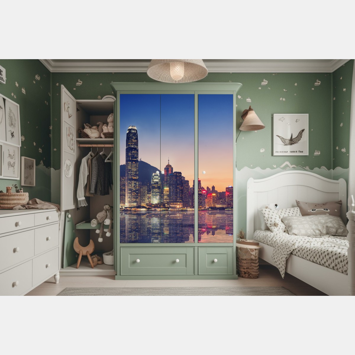 Naklejka na szafę Hongkong panorama miasta o zmierzchu – Wallissimo® Naklejka na szafę Hongkong panorama miasta o zmierzchu – Wallissimo®