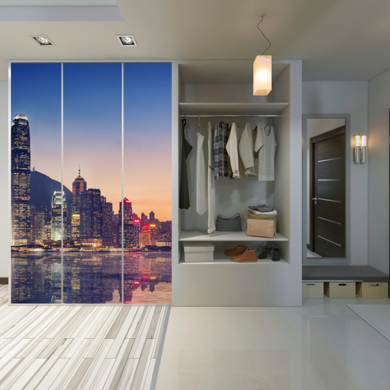 Naklejka na szafę Hongkong panorama miasta o zmierzchu – Wallissimo® Naklejka na szafę Hongkong panorama miasta o zmierzchu – Wallissimo®