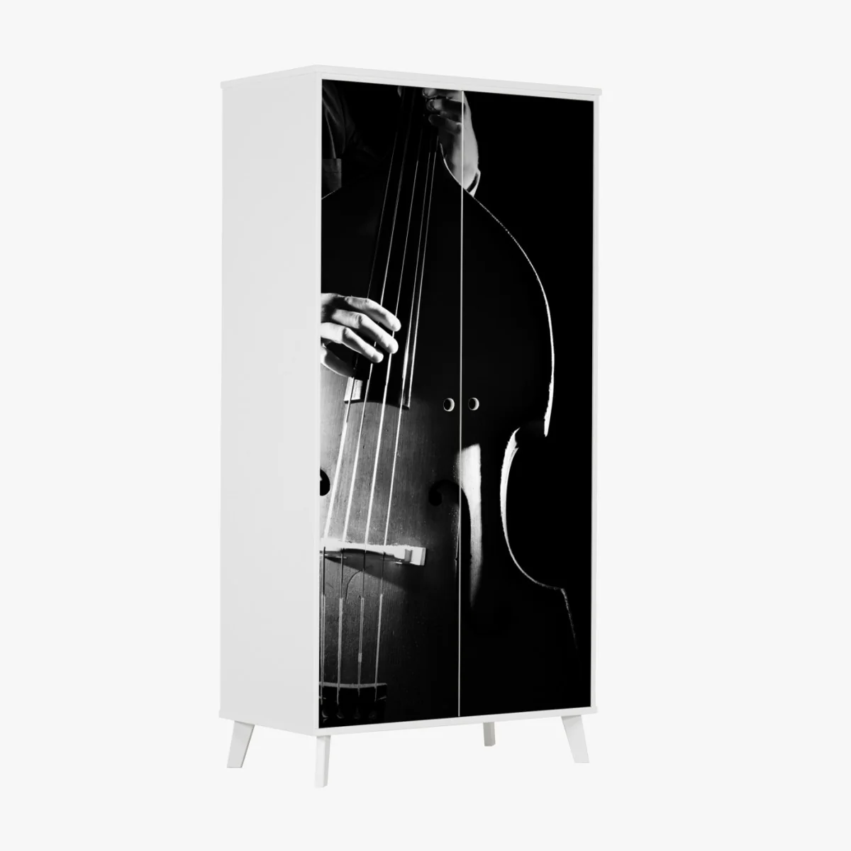 Naklejka na szafę kontrabasista w dramatycznym świetle – Wallissimo® Naklejka na szafę kontrabasista w dramatycznym świetle – Wallissimo®