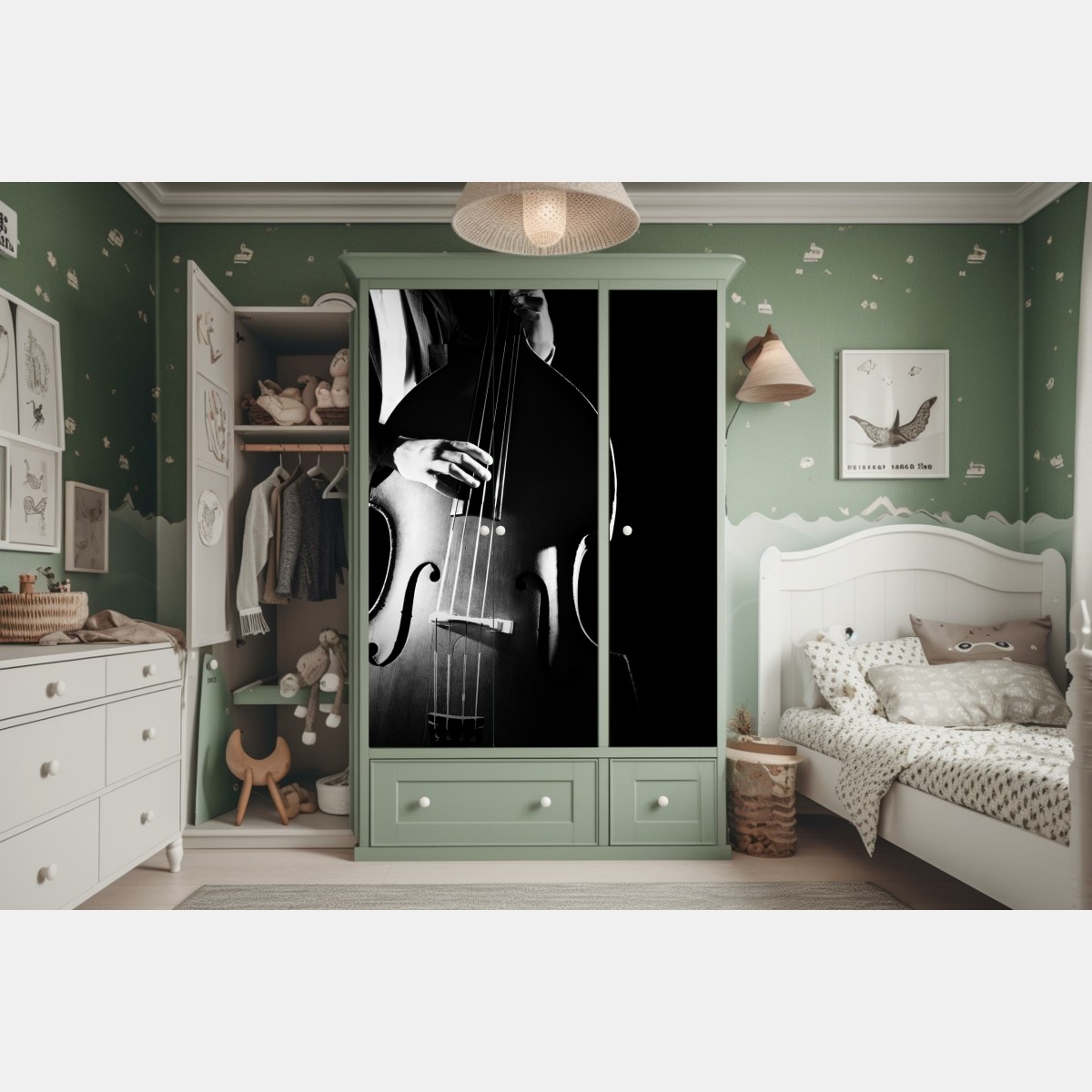 Naklejka na szafę kontrabasista w dramatycznym świetle – Wallissimo® Naklejka na szafę kontrabasista w dramatycznym świetle – Wallissimo®