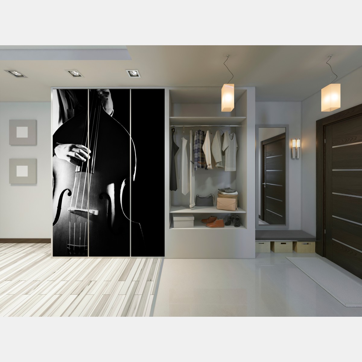 Naklejka na szafę kontrabasista w dramatycznym świetle – Wallissimo® Naklejka na szafę kontrabasista w dramatycznym świetle – Wallissimo®