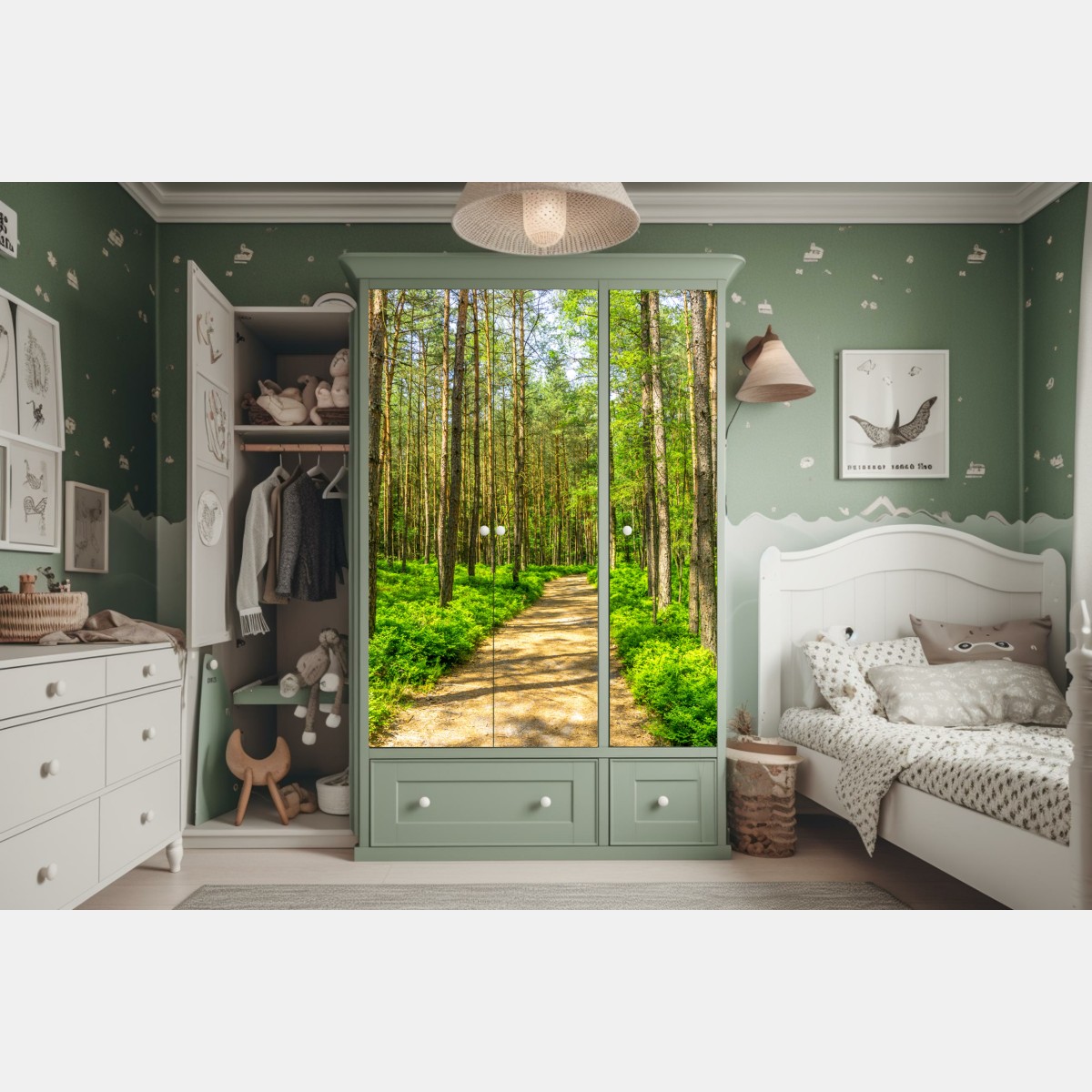 Naklejka na szafę słoneczna leśna ścieżka wśród sosen – Wallissimo® Naklejka na szafę słoneczna leśna ścieżka wśród sosen – Wallissimo®