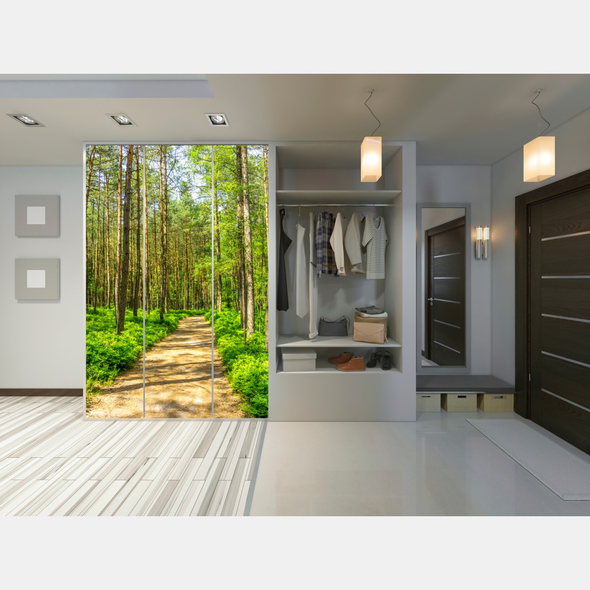 Naklejka na szafę słoneczna leśna ścieżka wśród sosen – Wallissimo® Naklejka na szafę słoneczna leśna ścieżka wśród sosen – Wallissimo®