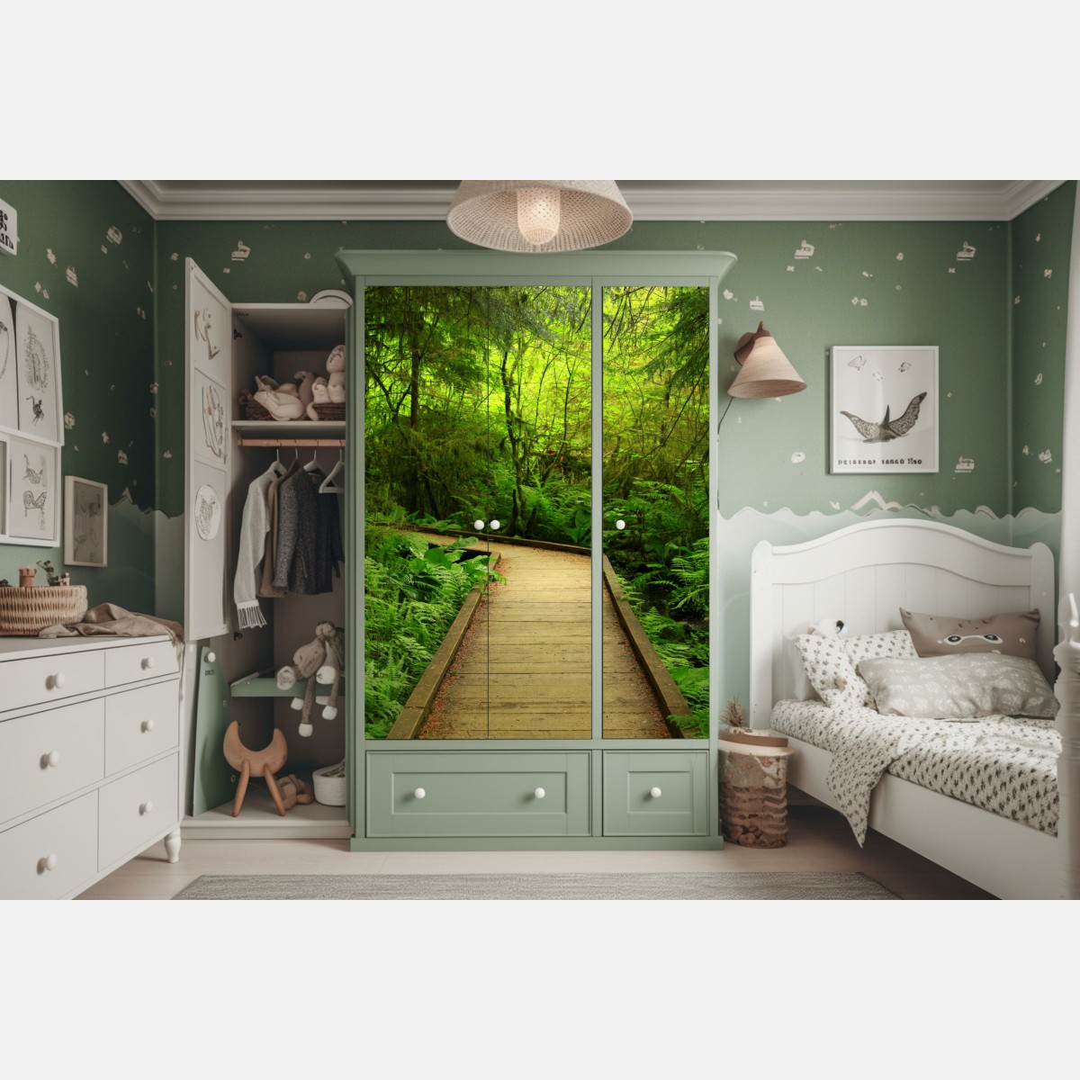Naklejka na szafę spokojna zielona kładka leśna – Wallissimo® Naklejka na szafę spokojna zielona kładka leśna – Wallissimo®