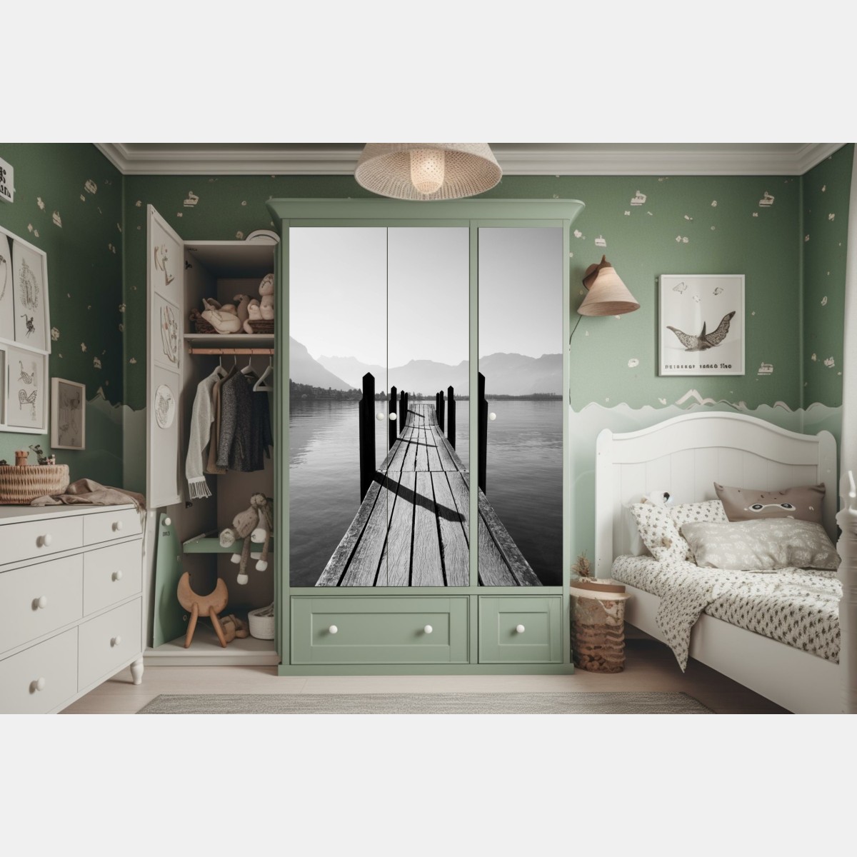 Naklejka na szafę spokojny pomost nad jeziorem w czerni i bieli – Wallissimo® Naklejka na szafę spokojny pomost nad jeziorem w czerni i bieli – Wallissimo®