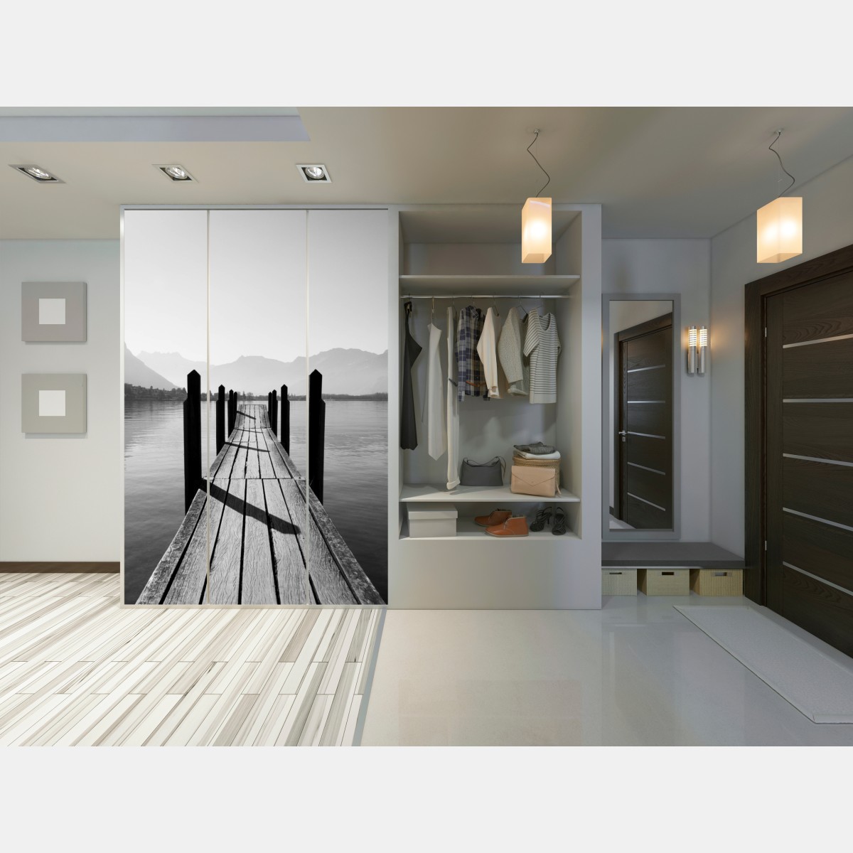 Naklejka na szafę spokojny pomost nad jeziorem w czerni i bieli – Wallissimo® Naklejka na szafę spokojny pomost nad jeziorem w czerni i bieli – Wallissimo®