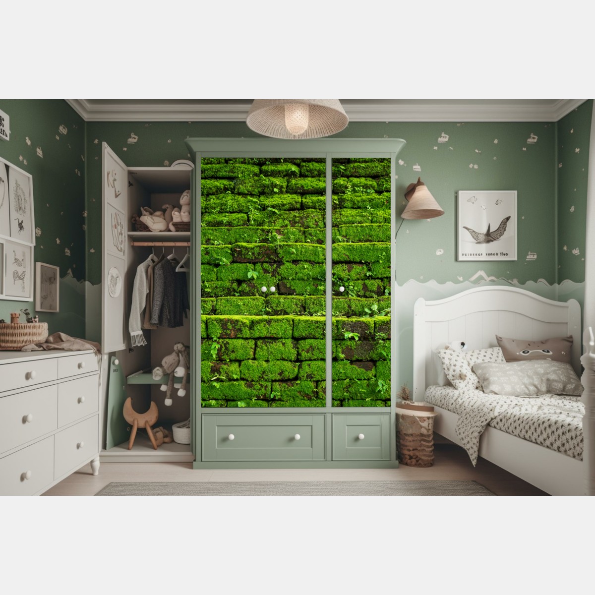 Naklejka na szafę ściana z mchem na ceglanej strukturze – Wallissimo® Naklejka na szafę ściana z mchem na ceglanej strukturze – Wallissimo®