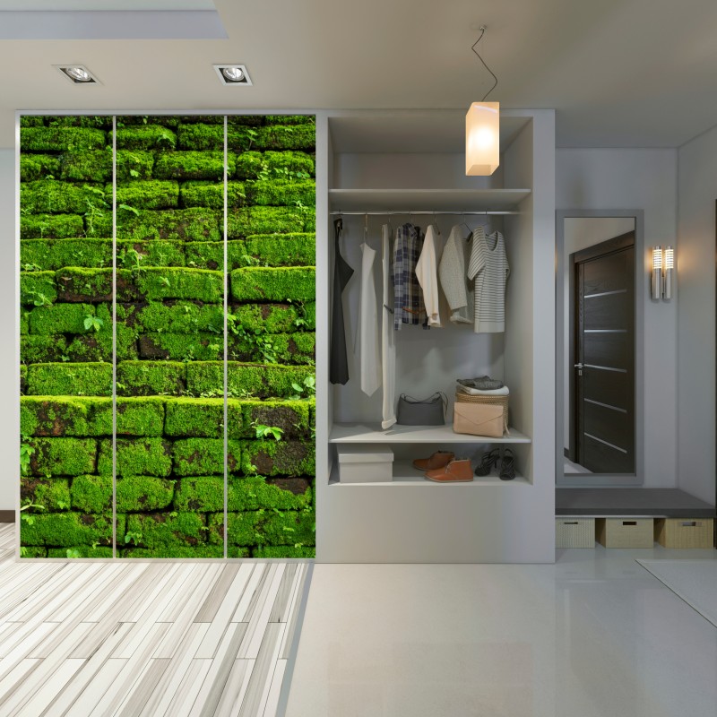 Naklejka na szafę ściana z mchem na ceglanej strukturze – Wallissimo® Naklejka na szafę ściana z mchem na ceglanej strukturze – Wallissimo®