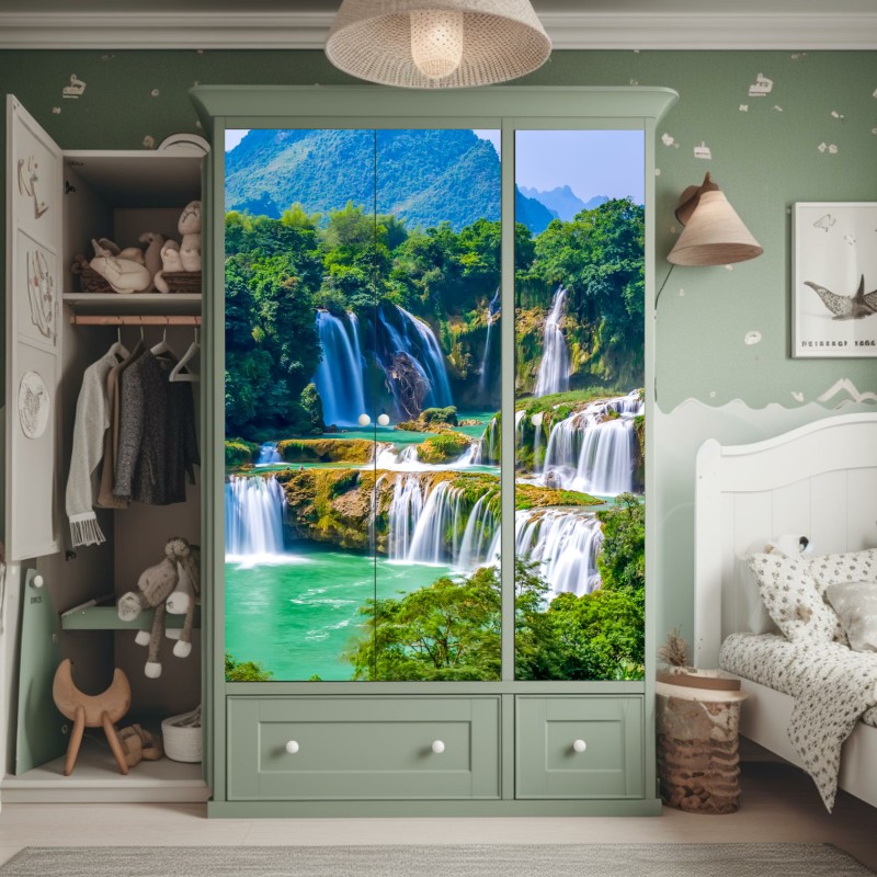 Naklejka na szafę turkusowy wzór fal ze złotymi liniami – Wallissimo®