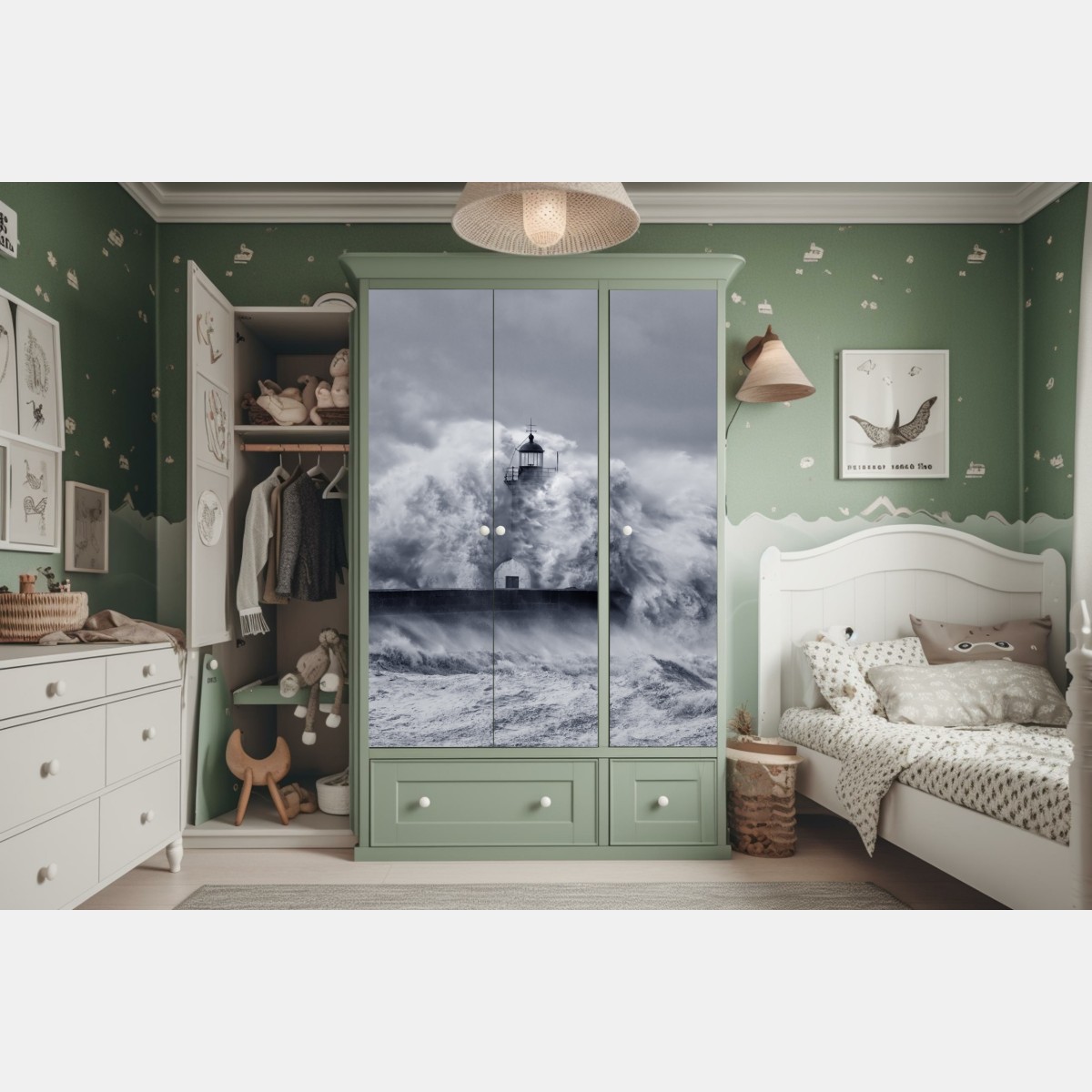 Naklejka na szafę latarnia morska pochłonięta przez fale – Wallissimo® Naklejka na szafę latarnia morska pochłonięta przez fale – Wallissimo®