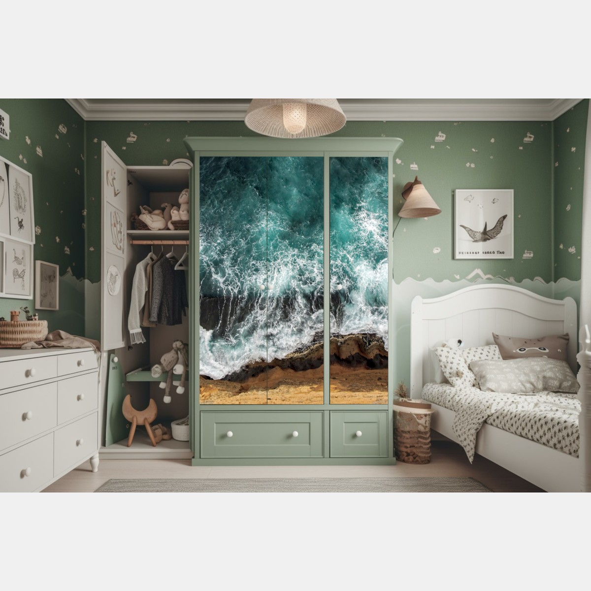 Naklejka na szafę turkusowe wybrzeże z lotu ptaka z rozbijającymi się falami – Wallissimo® Naklejka na szafę turkusowe wybrzeże z lotu ptaka z rozbijającymi się falami – Wallissimo®