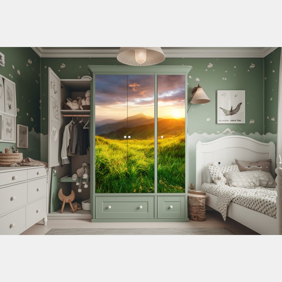 Naklejka na szafę słoneczna górska łąka o wschodzie słońca – Wallissimo® Naklejka na szafę słoneczna górska łąka o wschodzie słońca – Wallissimo®