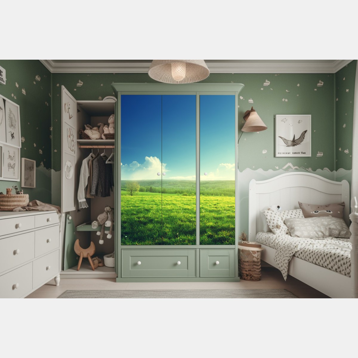 Naklejka na szafę słoneczna wiosenna łąka o zachodzie słońca – Wallissimo® Naklejka na szafę słoneczna wiosenna łąka o zachodzie słońca – Wallissimo®