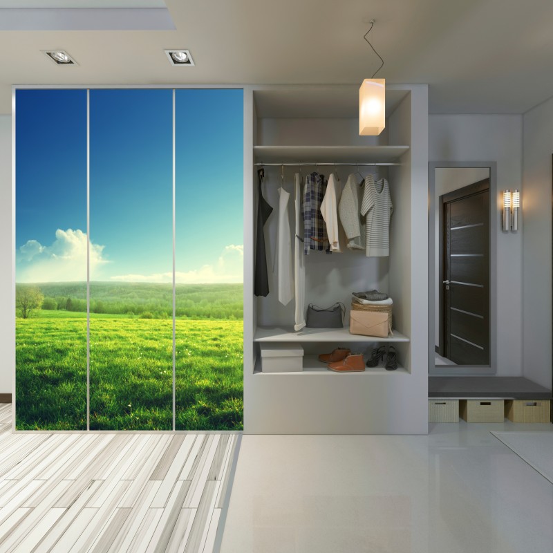 Naklejka na szafę słoneczna wiosenna łąka o zachodzie słońca – Wallissimo® Naklejka na szafę słoneczna wiosenna łąka o zachodzie słońca – Wallissimo®