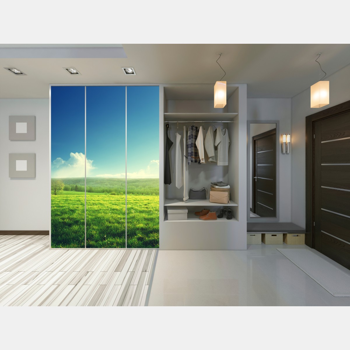 Naklejka na szafę słoneczna wiosenna łąka o zachodzie słońca – Wallissimo® Naklejka na szafę słoneczna wiosenna łąka o zachodzie słońca – Wallissimo®