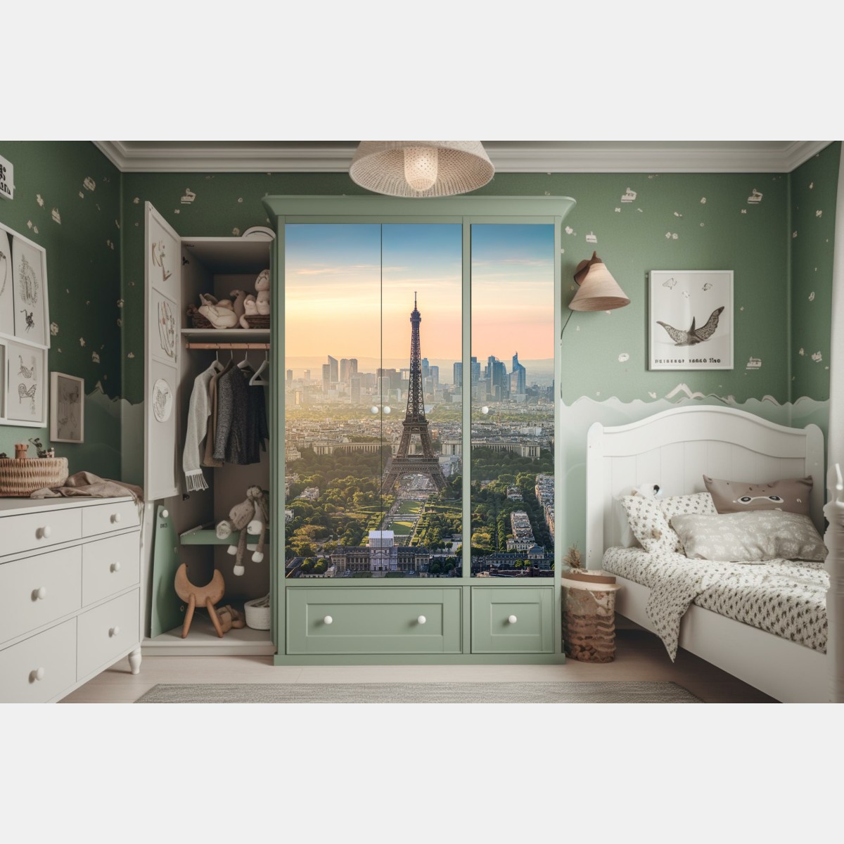 Naklejka na szafę Paryż panorama o zachodzie słońca z Wieżą Eiffla – Wallissimo® Naklejka na szafę Paryż panorama o zachodzie słońca z Wieżą Eiffla – Wallissimo®