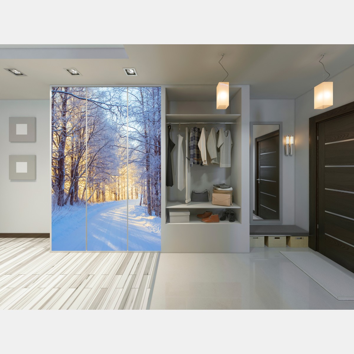 Naklejka na szafę zimowy las brzozowy ze złotym świtem – Wallissimo® Naklejka na szafę zimowy las brzozowy ze złotym świtem – Wallissimo®