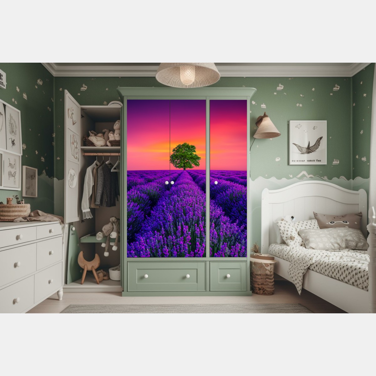 Naklejka na szafę pole lawendy o zachodzie słońca z samotnym drzewem – Wallissimo® Naklejka na szafę pole lawendy o zachodzie słońca z samotnym drzewem – Wallissimo®