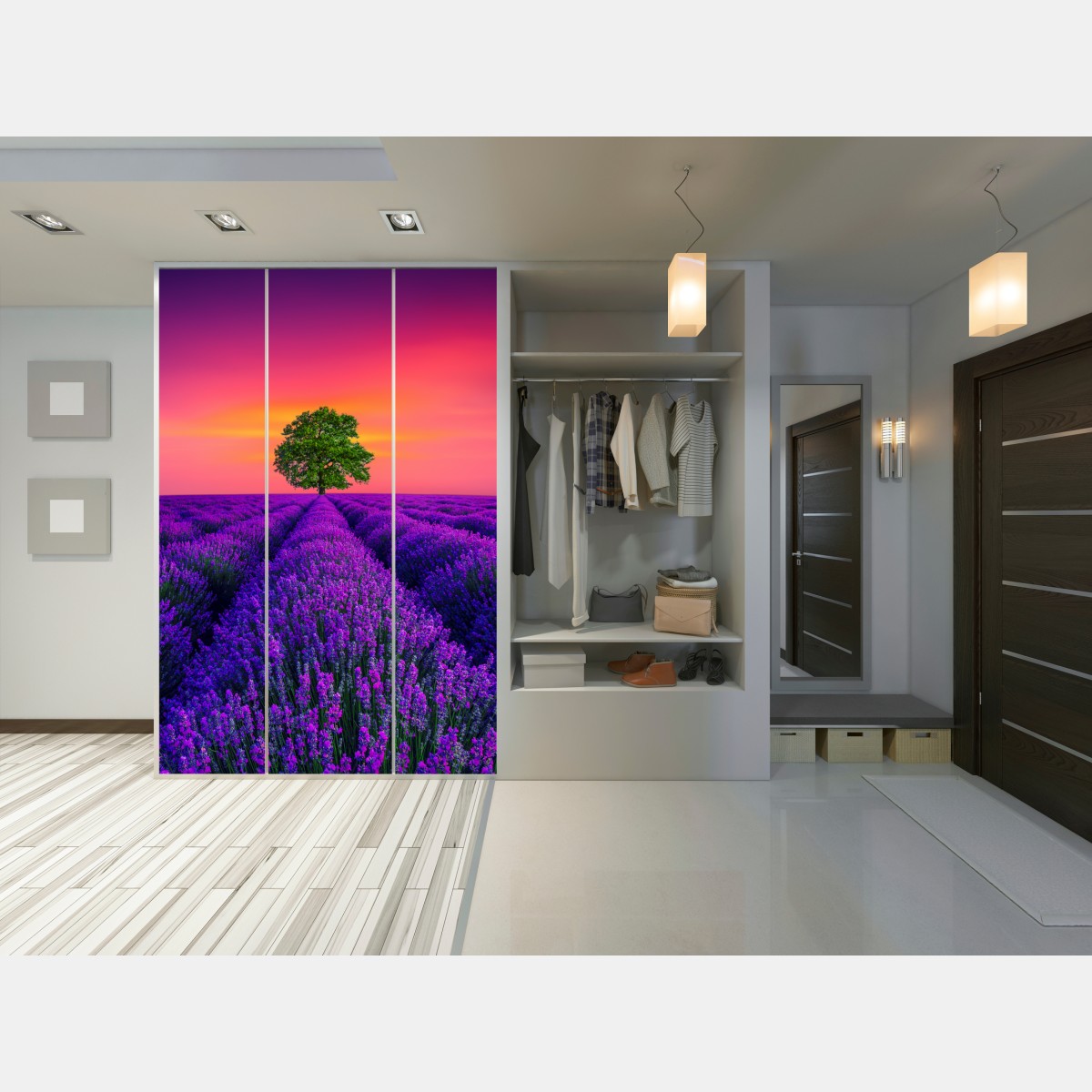 Naklejka na szafę pole lawendy o zachodzie słońca z samotnym drzewem – Wallissimo® Naklejka na szafę pole lawendy o zachodzie słońca z samotnym drzewem – Wallissimo®