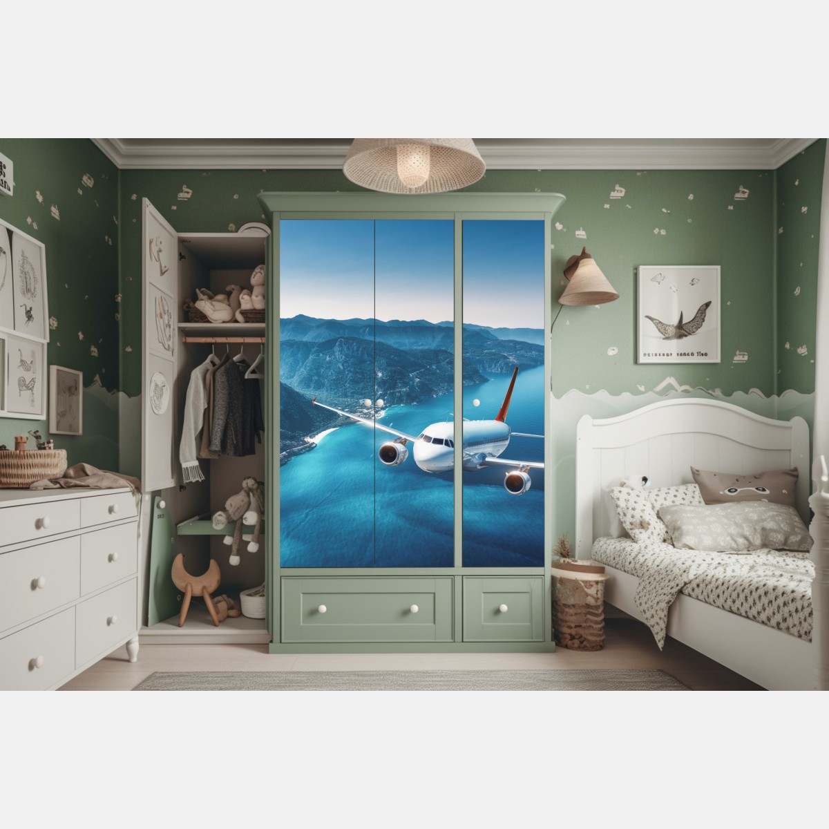 Naklejka na szafę lot nad wybrzeżem i turkusowym morzem – Wallissimo® Naklejka na szafę lot nad wybrzeżem i turkusowym morzem – Wallissimo®
