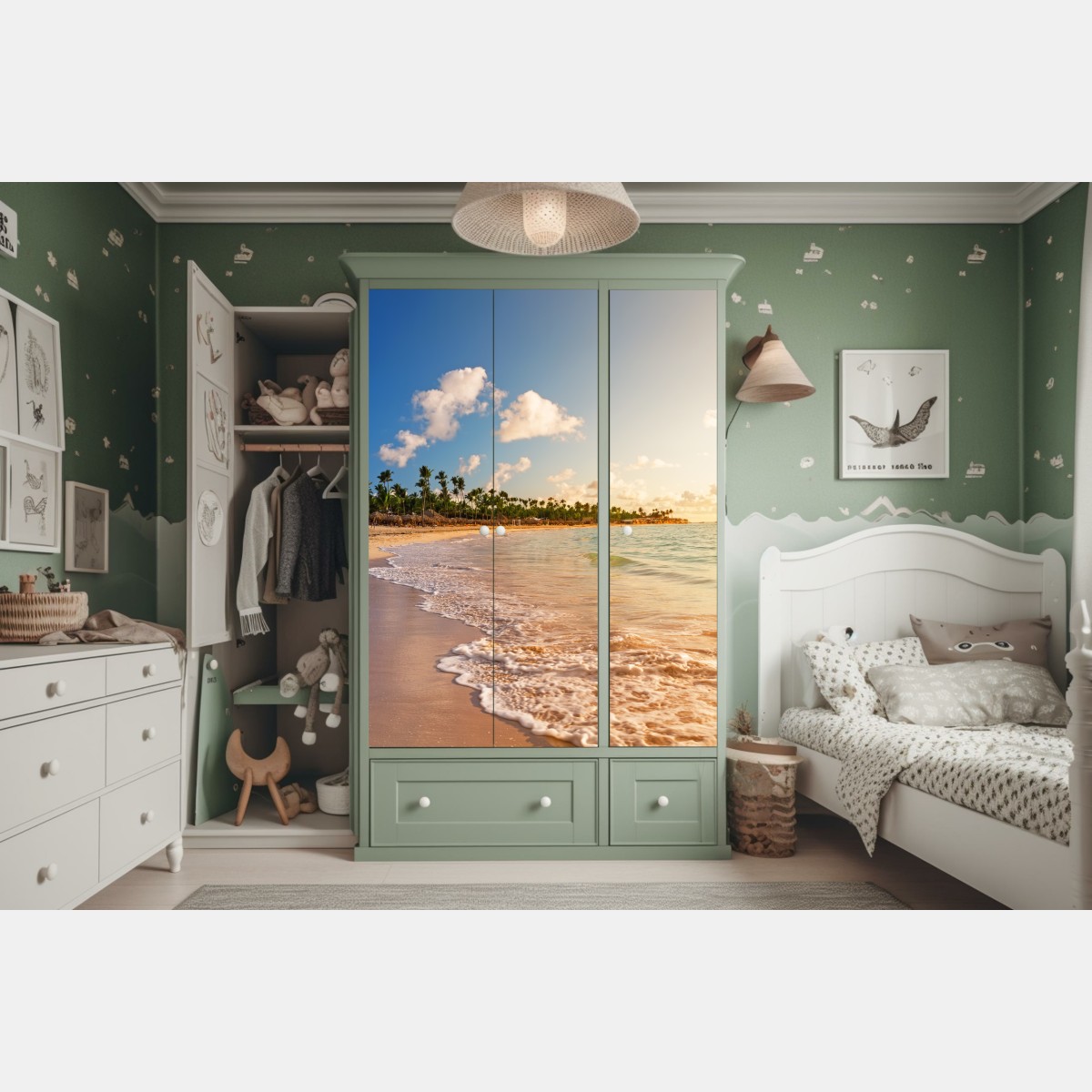 Naklejka na szafę tropikalny zachód słońca na plaży z sylwetkami palm – Wallissimo® Naklejka na szafę tropikalny zachód słońca na plaży z sylwetkami palm – Wallissimo®