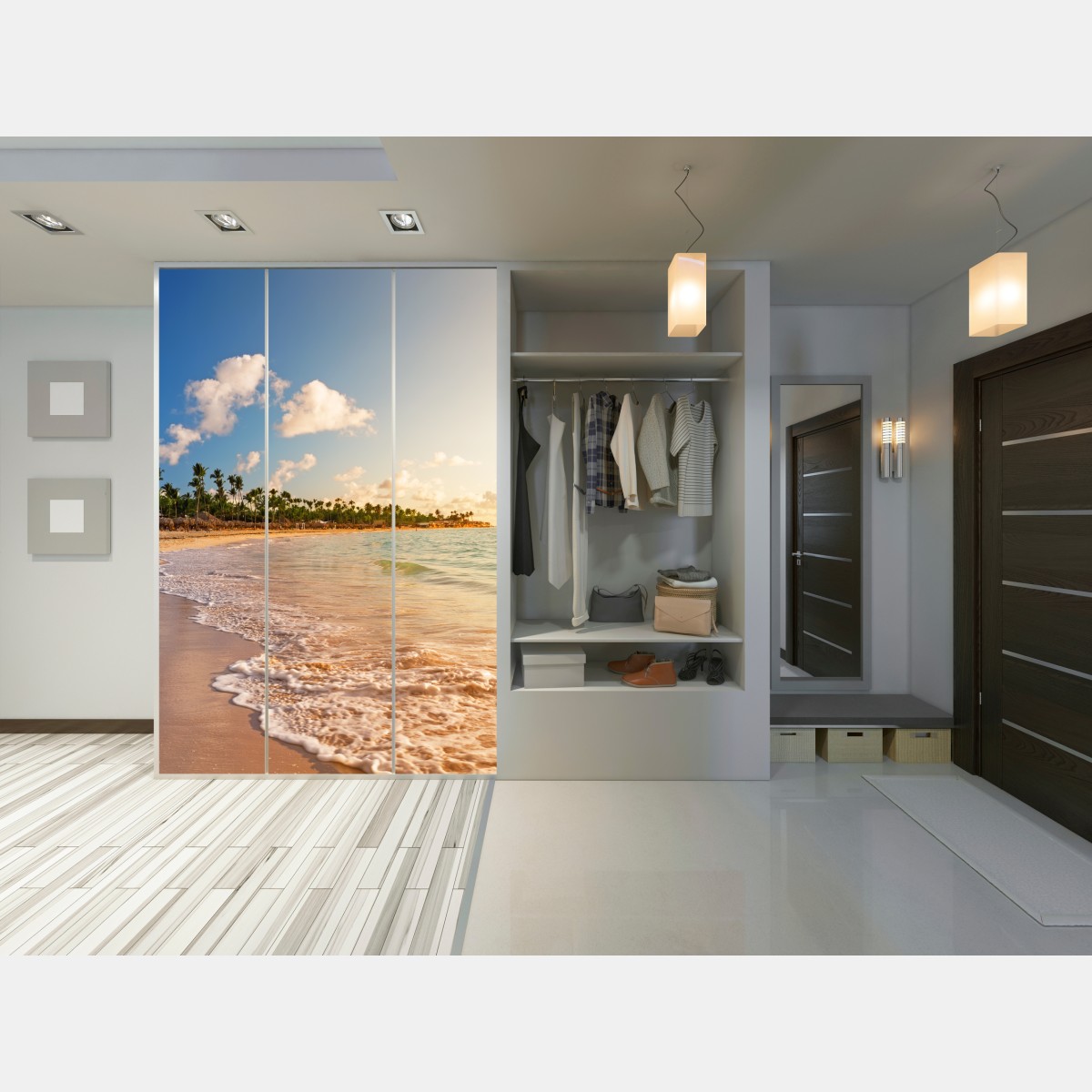 Naklejka na szafę tropikalny zachód słońca na plaży z sylwetkami palm – Wallissimo® Naklejka na szafę tropikalny zachód słońca na plaży z sylwetkami palm – Wallissimo®