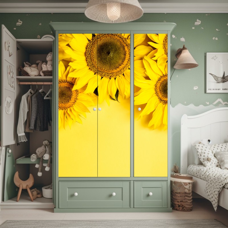 Naklejka na szafę jasny bukiet słoneczników na żółtym tle