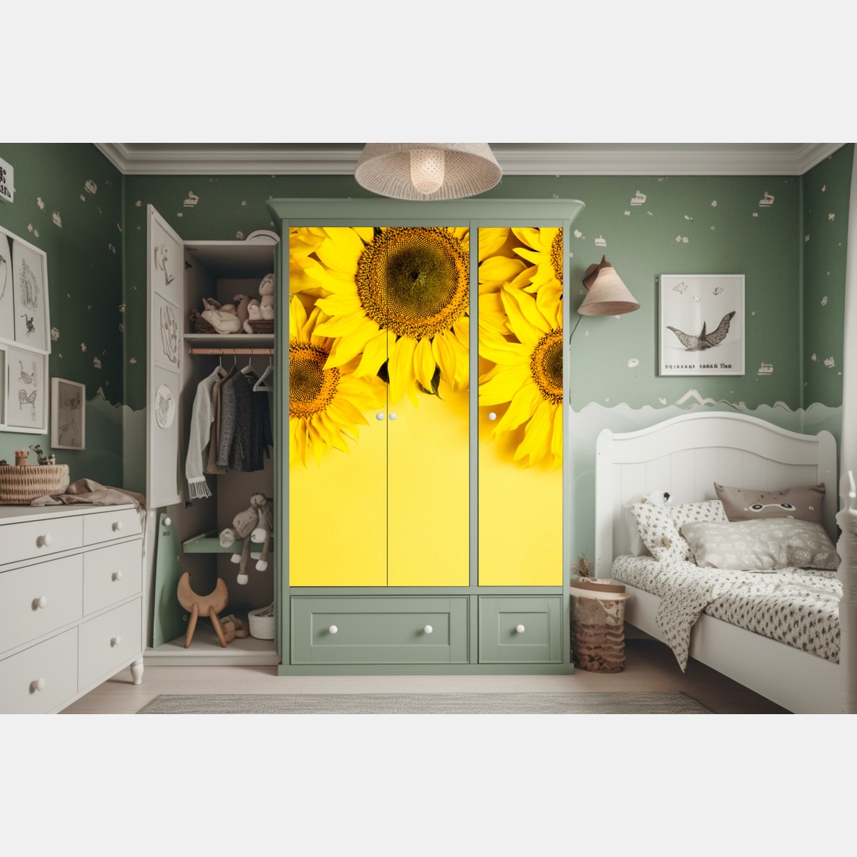 Naklejka na szafę jasny bukiet słoneczników na żółtym tle – Wallissimo® Naklejka na szafę jasny bukiet słoneczników na żółtym tle – Wallissimo®