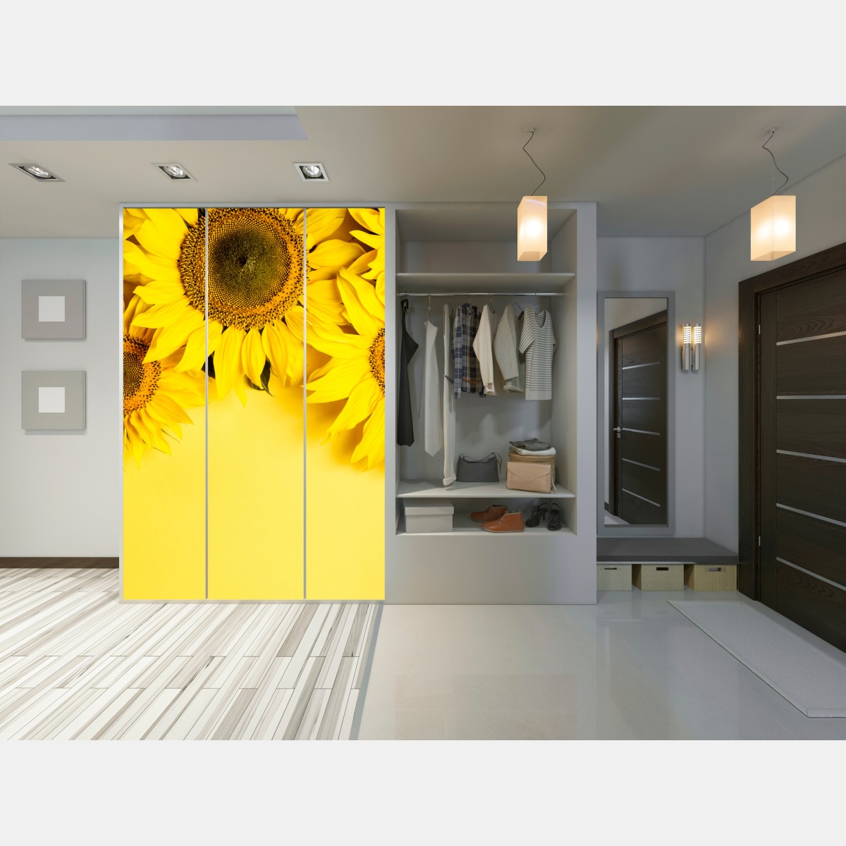 Naklejka na szafę jasny bukiet słoneczników na żółtym tle – Wallissimo® Naklejka na szafę jasny bukiet słoneczników na żółtym tle – Wallissimo®