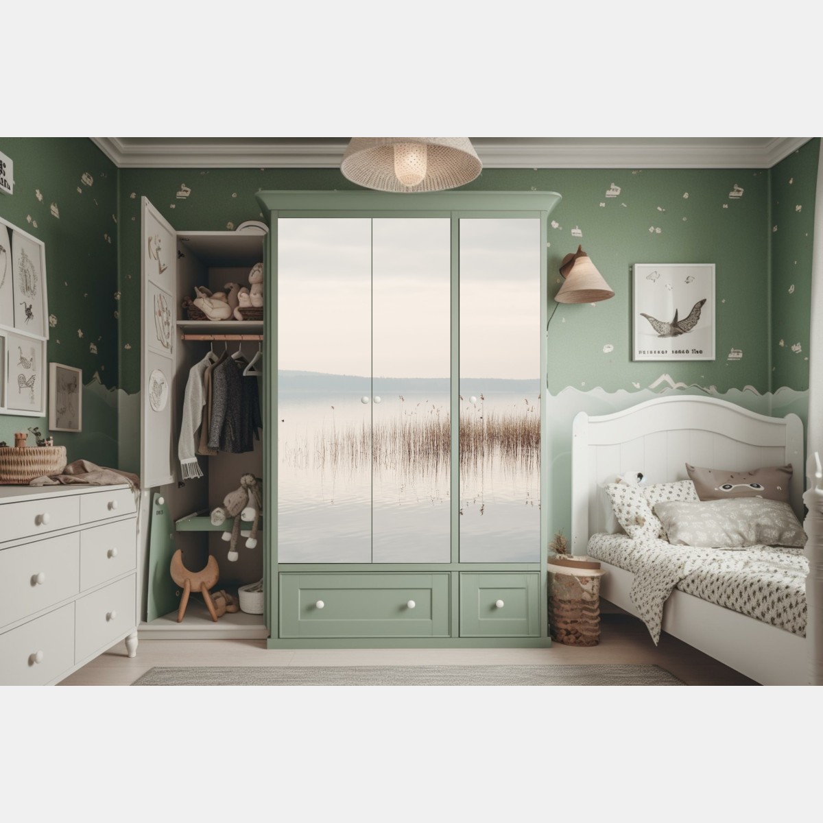 Naklejka na szafę spokojne trzcinowisko nad jeziorem – Wallissimo® Naklejka na szafę spokojne trzcinowisko nad jeziorem – Wallissimo®