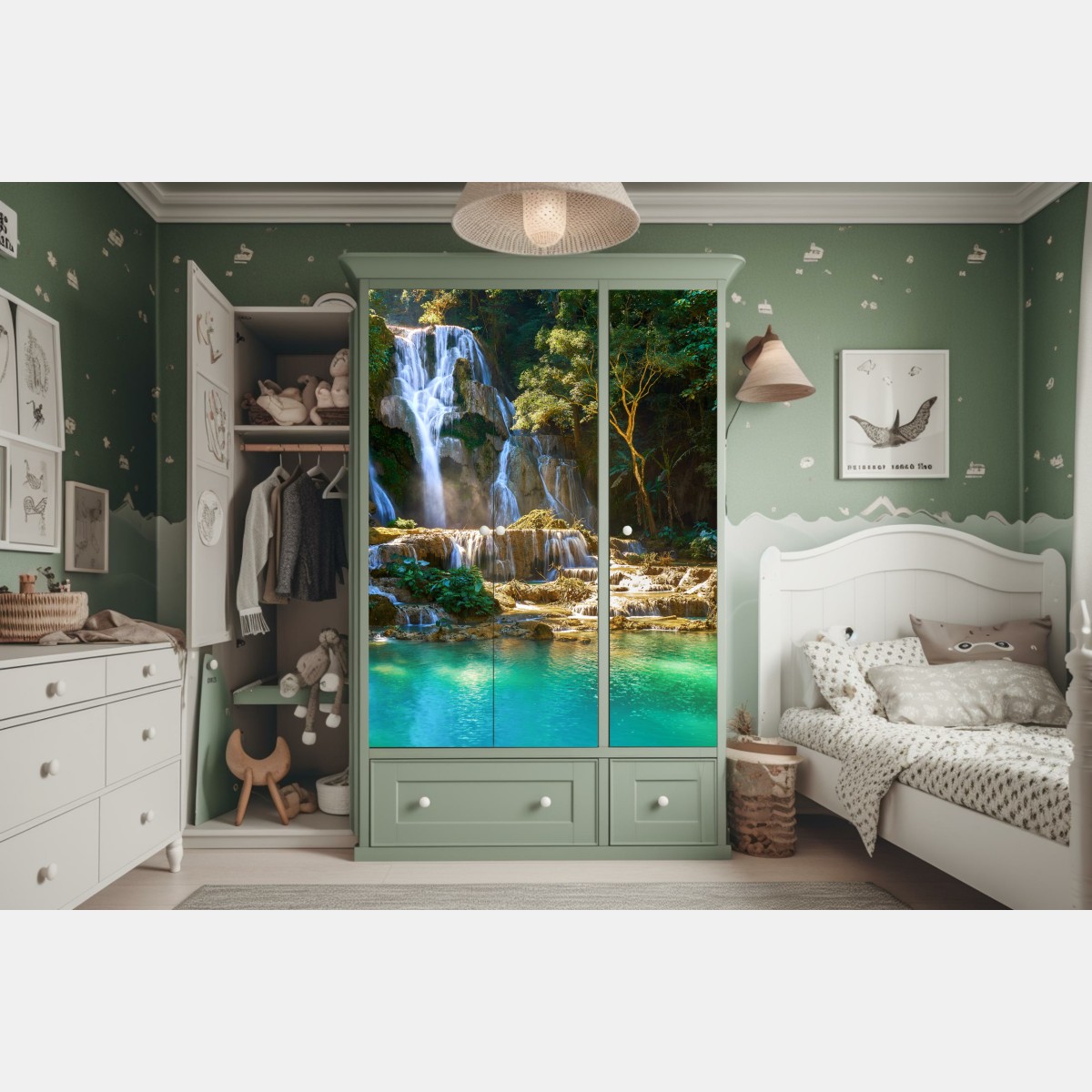 Naklejka na szafę turkusowy wodospad w bujnym lesie – Wallissimo® Naklejka na szafę turkusowy wodospad w bujnym lesie – Wallissimo®