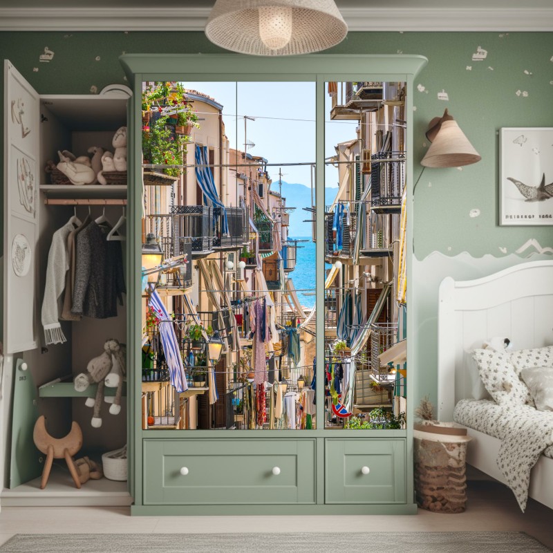 Naklejka na szafę słoneczna uliczka nad morzem z widokiem na zatokę – Wallissimo® Naklejka na szafę słoneczna uliczka nad morzem z widokiem na zatokę – Wallissimo®