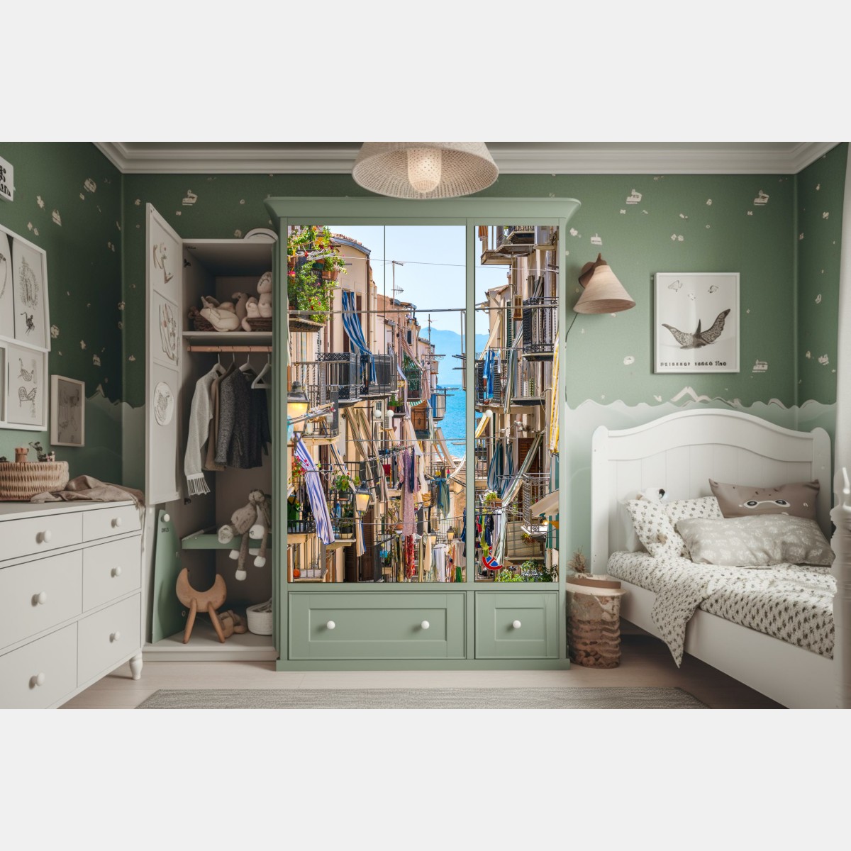 Naklejka na szafę słoneczna uliczka nad morzem z widokiem na zatokę – Wallissimo® Naklejka na szafę słoneczna uliczka nad morzem z widokiem na zatokę – Wallissimo®