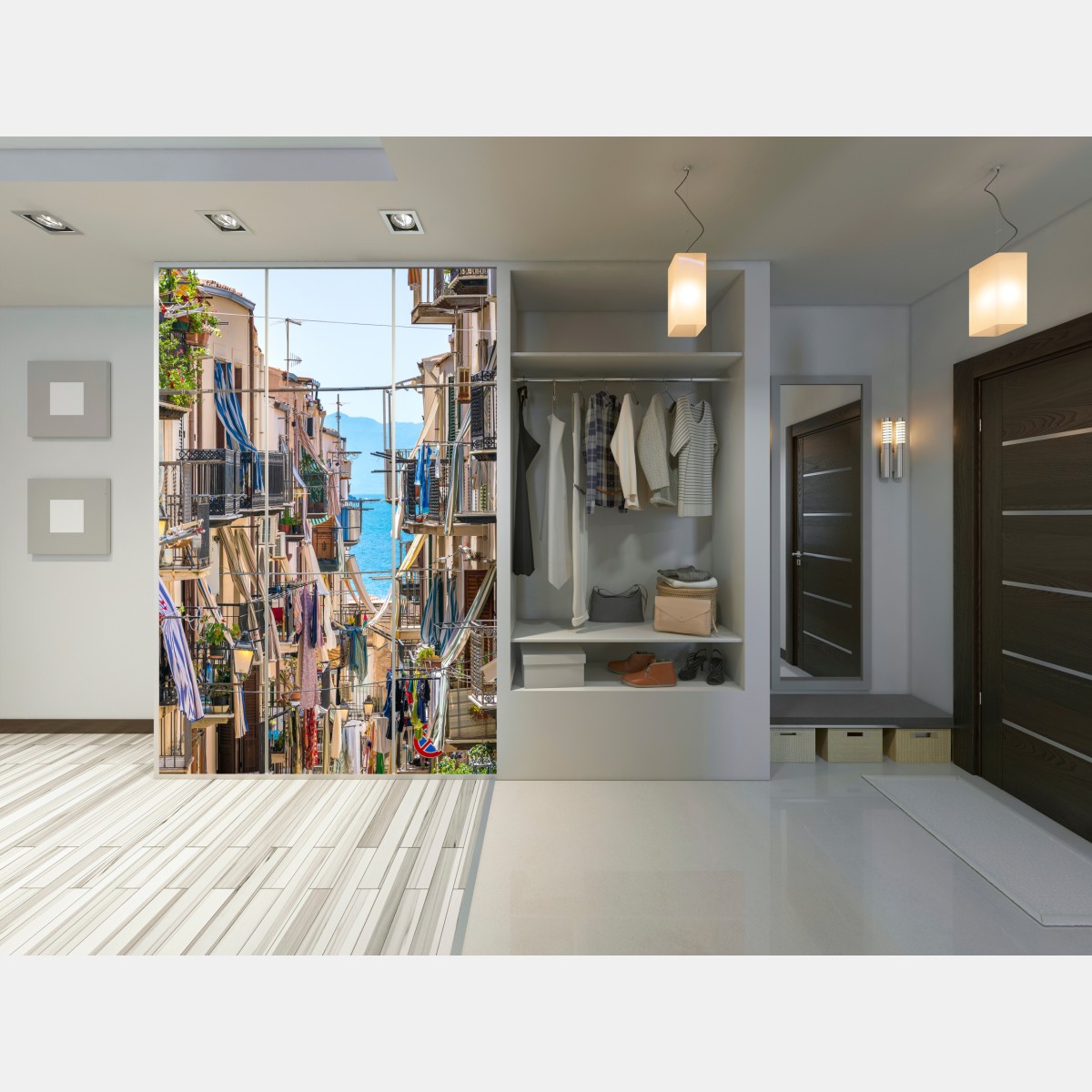 Naklejka na szafę słoneczna uliczka nad morzem z widokiem na zatokę – Wallissimo® Naklejka na szafę słoneczna uliczka nad morzem z widokiem na zatokę – Wallissimo®