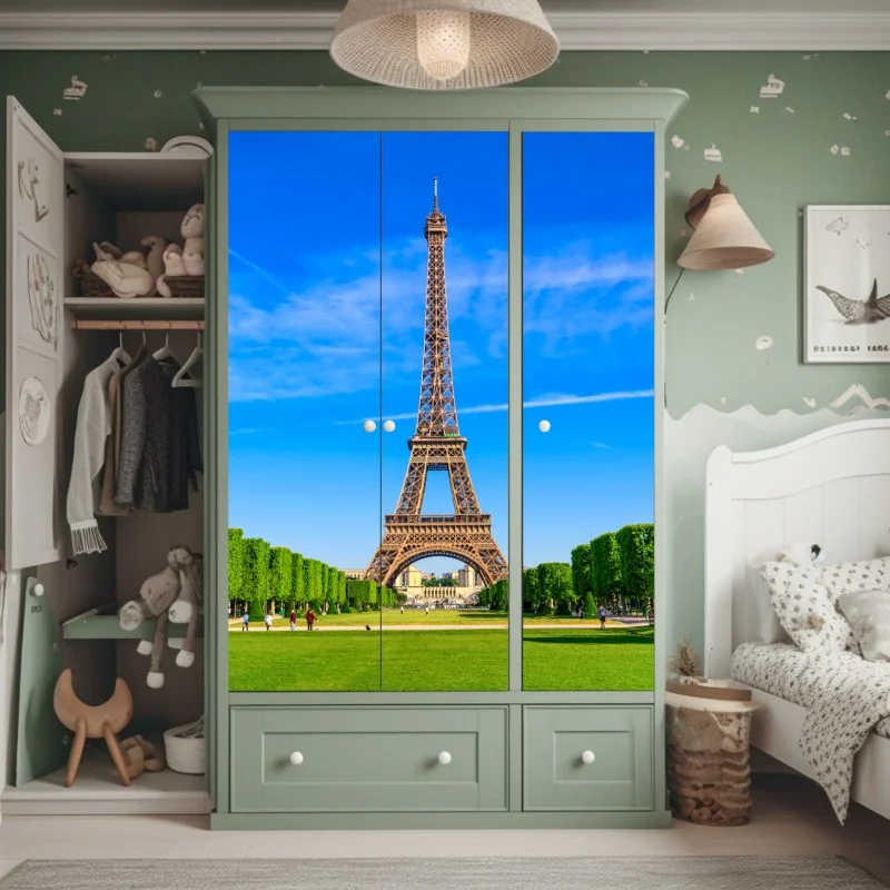 Naklejka na szafę Wieża Eiffla na Polu Marsowym, żywy paryski krajobraz – Wallissimo® Naklejka na szafę Wieża Eiffla na Polu Marsowym, żywy paryski krajobraz – Wallissimo®