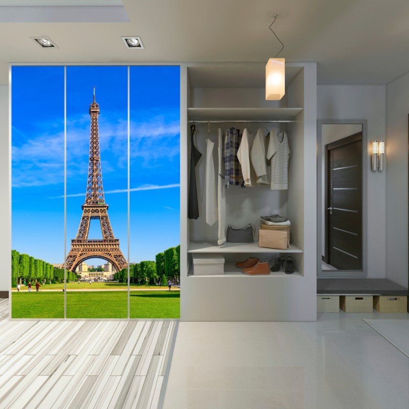 Naklejka na szafę Wieża Eiffla na Polu Marsowym, żywy paryski krajobraz – Wallissimo® Naklejka na szafę Wieża Eiffla na Polu Marsowym, żywy paryski krajobraz – Wallissimo®