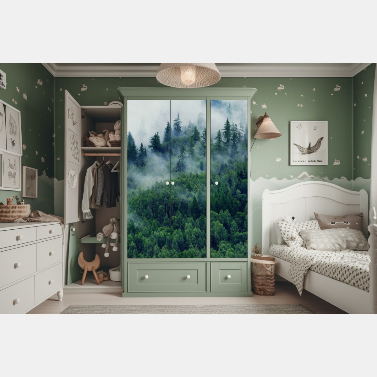 Naklejka na szafę mglisty zielony las – Wallissimo® Naklejka na szafę mglisty zielony las – Wallissimo®