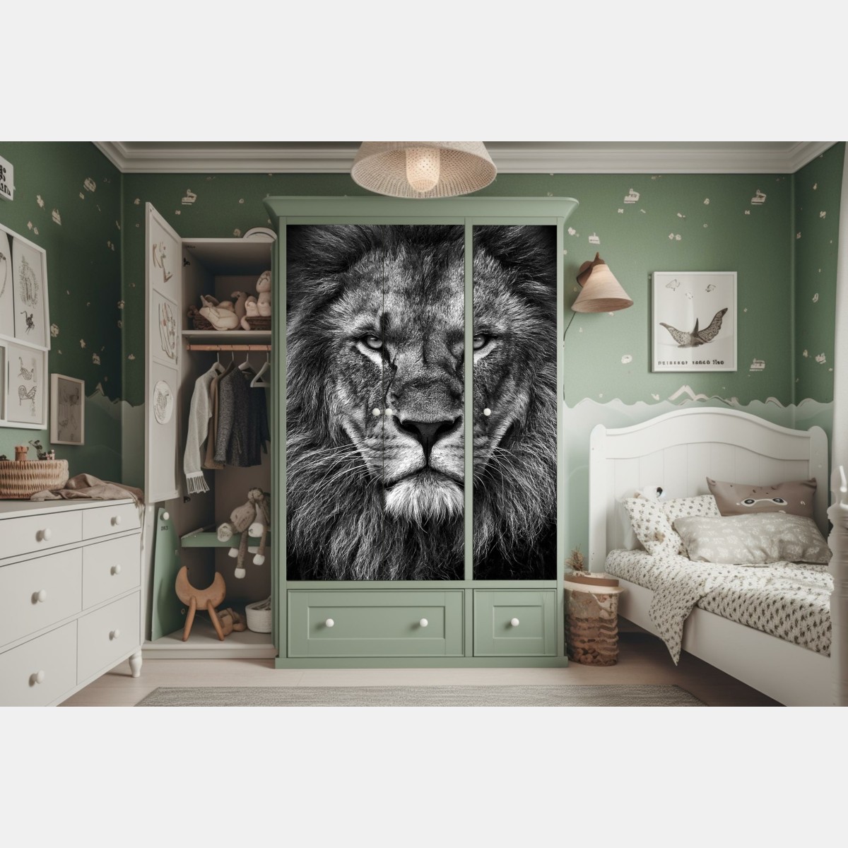 Naklejka na szafę majestatyczny portret lwa w monochromie – Wallissimo® Naklejka na szafę majestatyczny portret lwa w monochromie – Wallissimo®