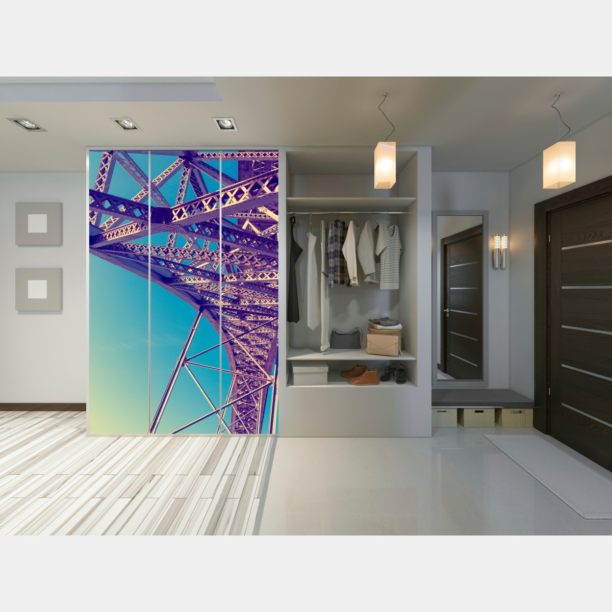 Naklejka na szafę abstrakcyjna stalowa konstrukcja mostu w perspektywie – Wallissimo® Naklejka na szafę abstrakcyjna stalowa konstrukcja mostu w perspektywie – Wallissimo®