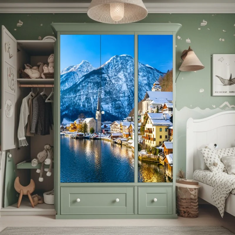 Naklejka na szafę zimowy spokój w Hallstatt — alpejska wioska nad jeziorem – Wallissimo® Naklejka na szafę zimowy spokój w Hallstatt — alpejska wioska nad jeziorem – Wallissimo®