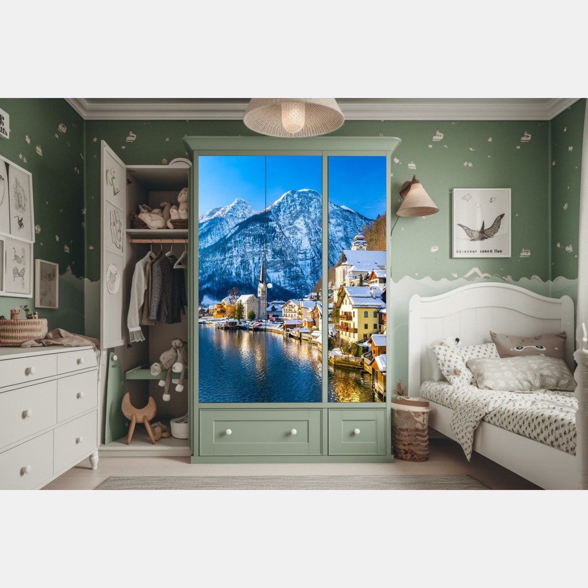 Naklejka na szafę zimowy spokój w Hallstatt — alpejska wioska nad jeziorem – Wallissimo® Naklejka na szafę zimowy spokój w Hallstatt — alpejska wioska nad jeziorem – Wallissimo®