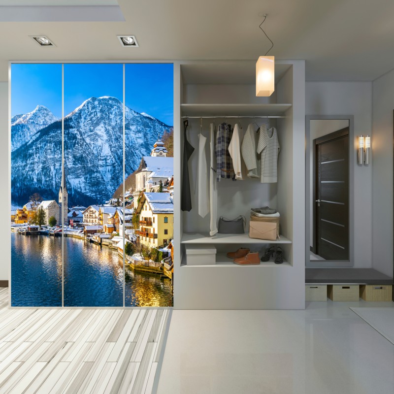 Naklejka na szafę zimowy spokój w Hallstatt — alpejska wioska nad jeziorem – Wallissimo® Naklejka na szafę zimowy spokój w Hallstatt — alpejska wioska nad jeziorem – Wallissimo®