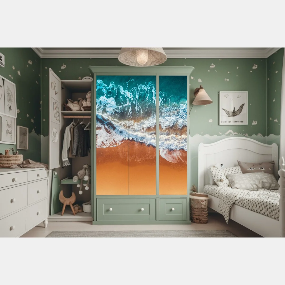 Naklejka na szafę lotnicze ujęcie turkusowych fal na piaszczystej plaży – Wallissimo® Naklejka na szafę lotnicze ujęcie turkusowych fal na piaszczystej plaży – Wallissimo®