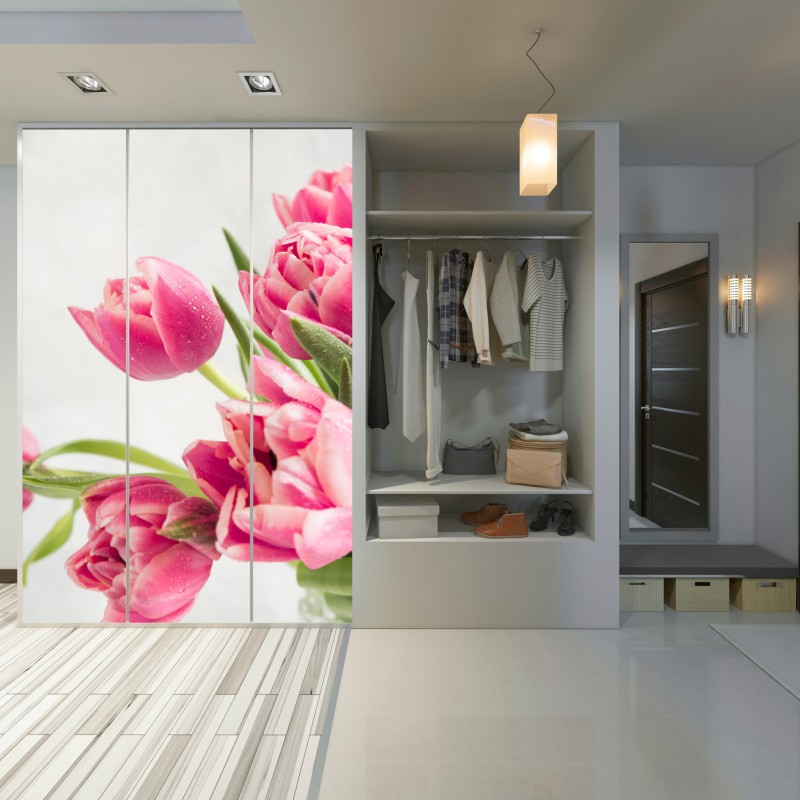 Naklejka na szafę elegancki bukiet różowych tulipanów – Wallissimo® Naklejka na szafę elegancki bukiet różowych tulipanów – Wallissimo®