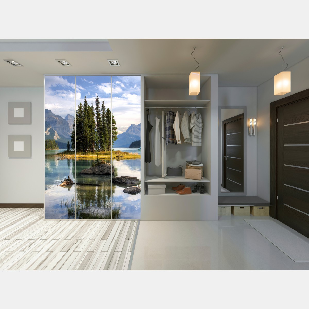 Naklejka na szafę spokojne jezioro alpejskie z wyspą i górami – Wallissimo® Naklejka na szafę spokojne jezioro alpejskie z wyspą i górami – Wallissimo®