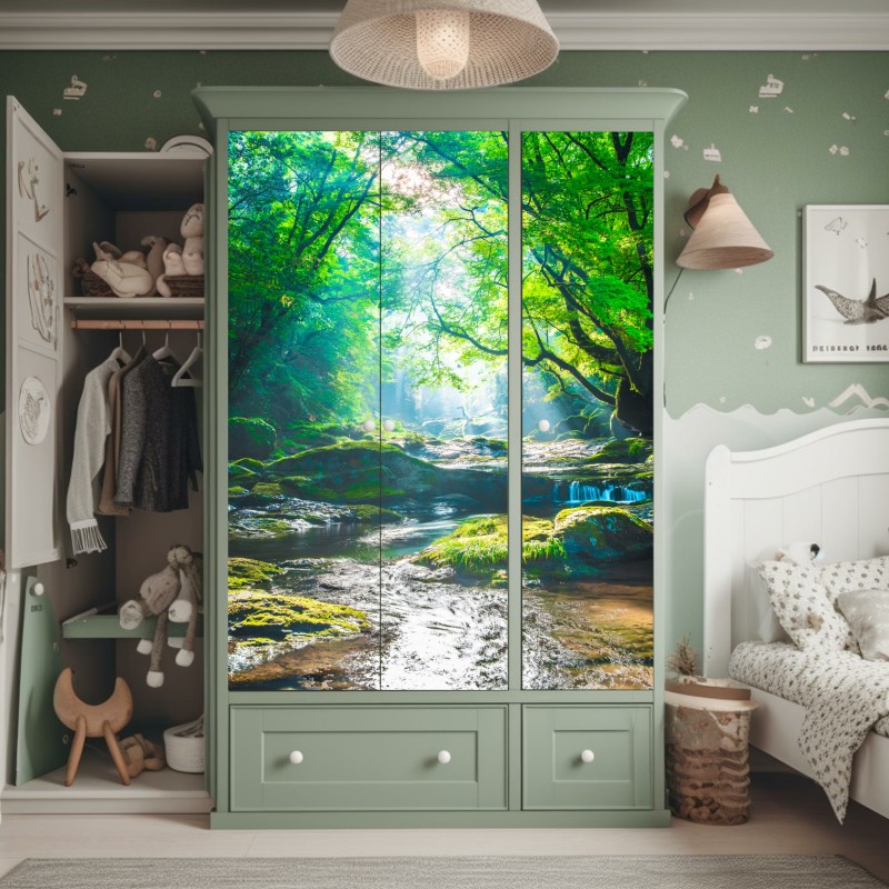 Naklejka na szafę słoneczny leśny strumień z mchem