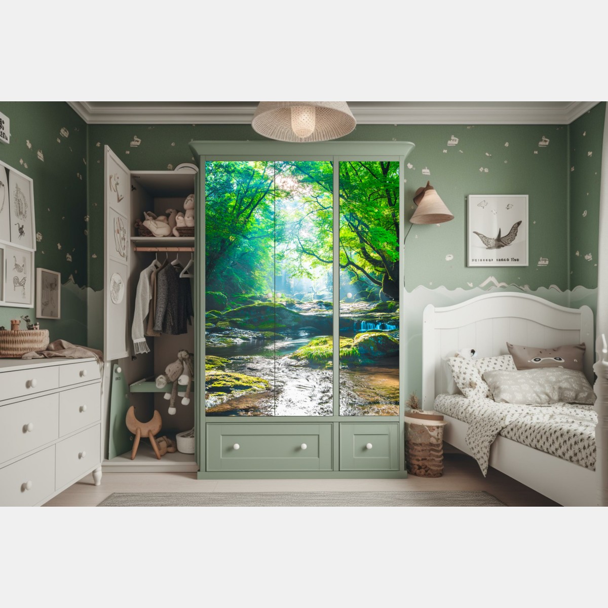 Naklejka na szafę słoneczny leśny strumień z mchem – Wallissimo® Naklejka na szafę słoneczny leśny strumień z mchem – Wallissimo®