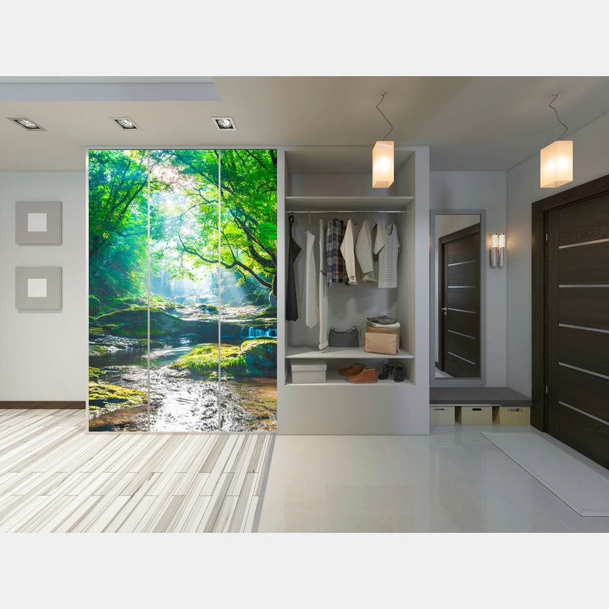 Naklejka na szafę słoneczny leśny strumień z mchem – Wallissimo® Naklejka na szafę słoneczny leśny strumień z mchem – Wallissimo®